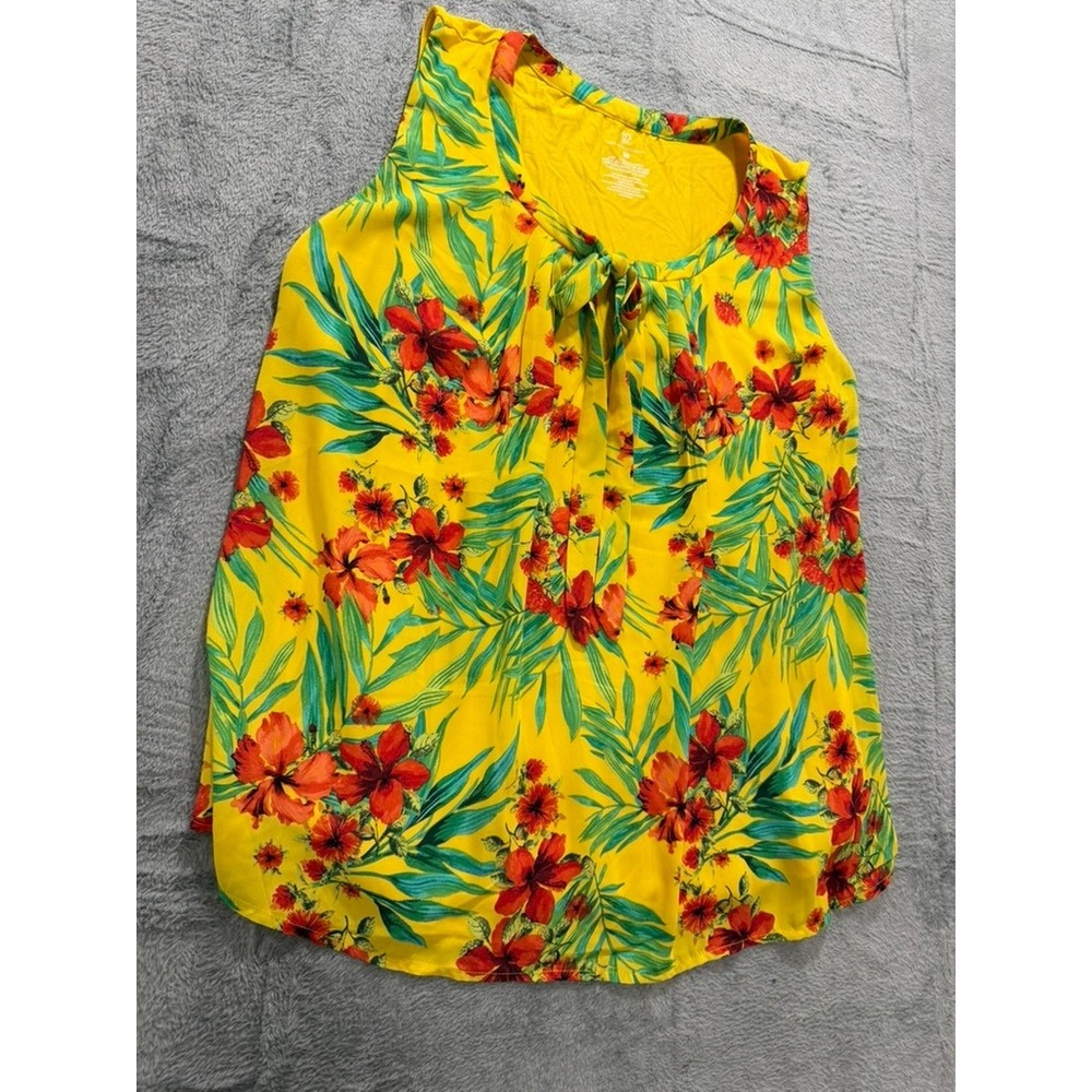 NY&Co Sleeveless Blouse Womens XL Yellow Floral Tropical Tie Neck Lined - Picture 3 of 10